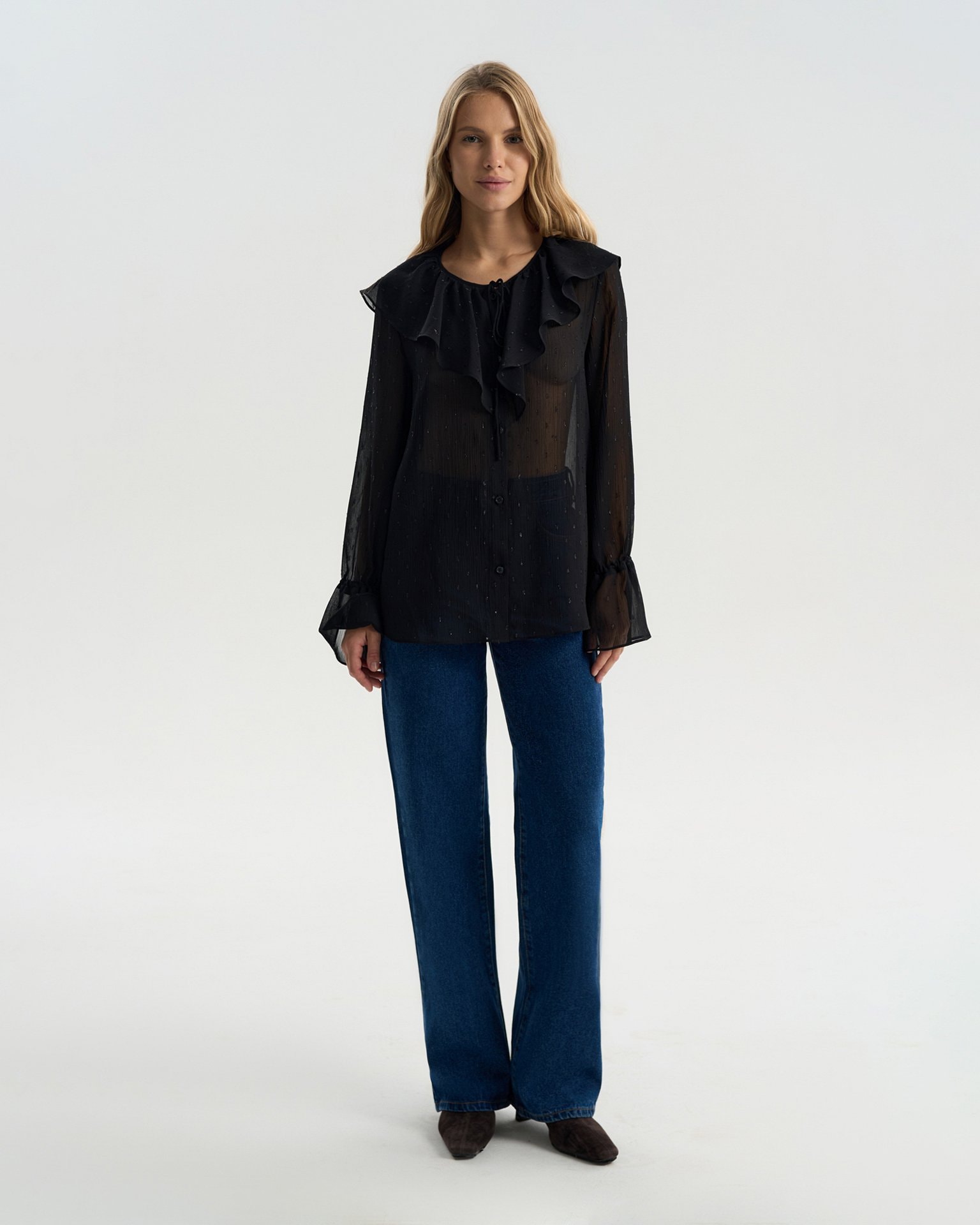 Sheer blouse with a flounce collar, Black — photo 3
