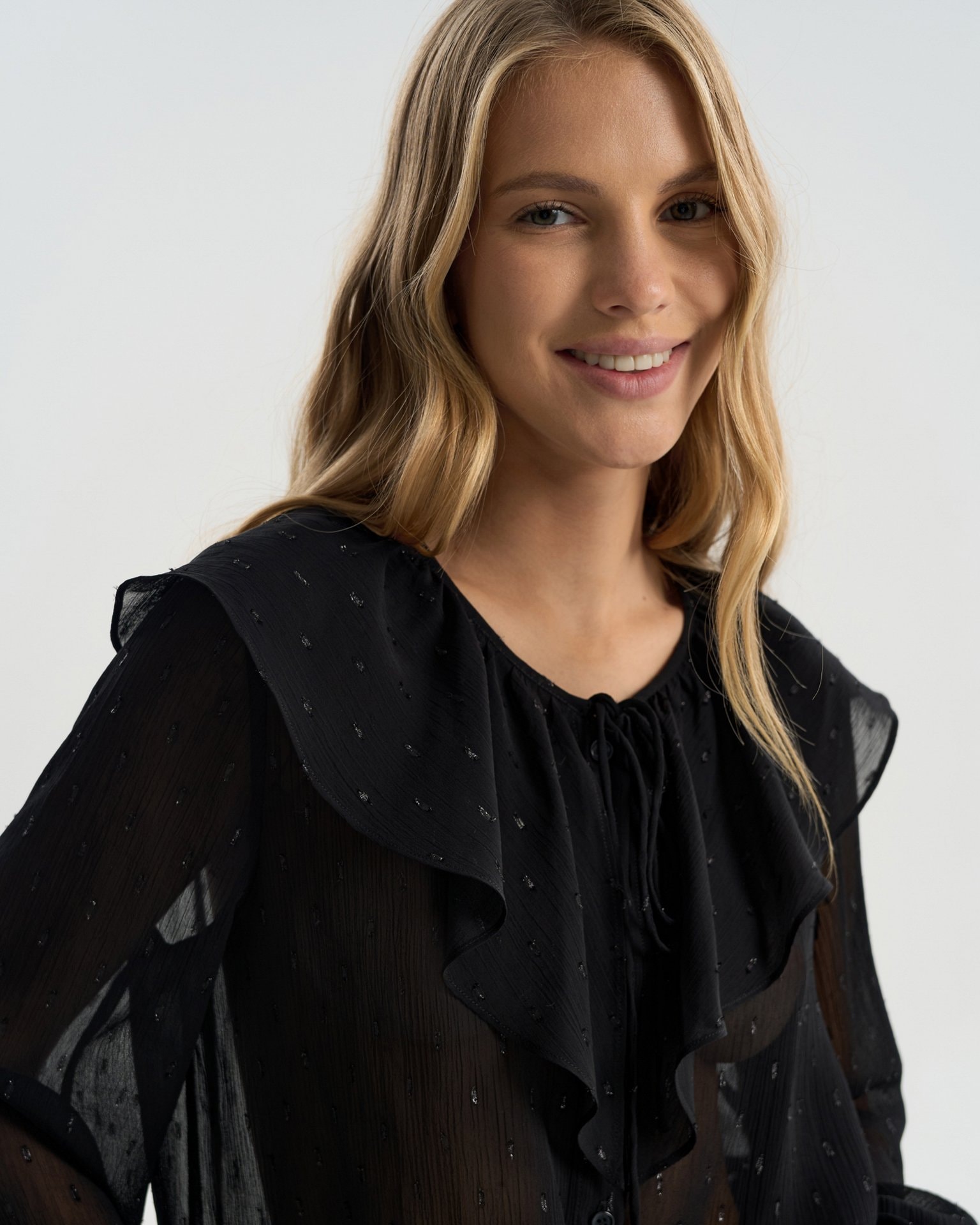 Sheer blouse with a flounce collar, Black — photo 2