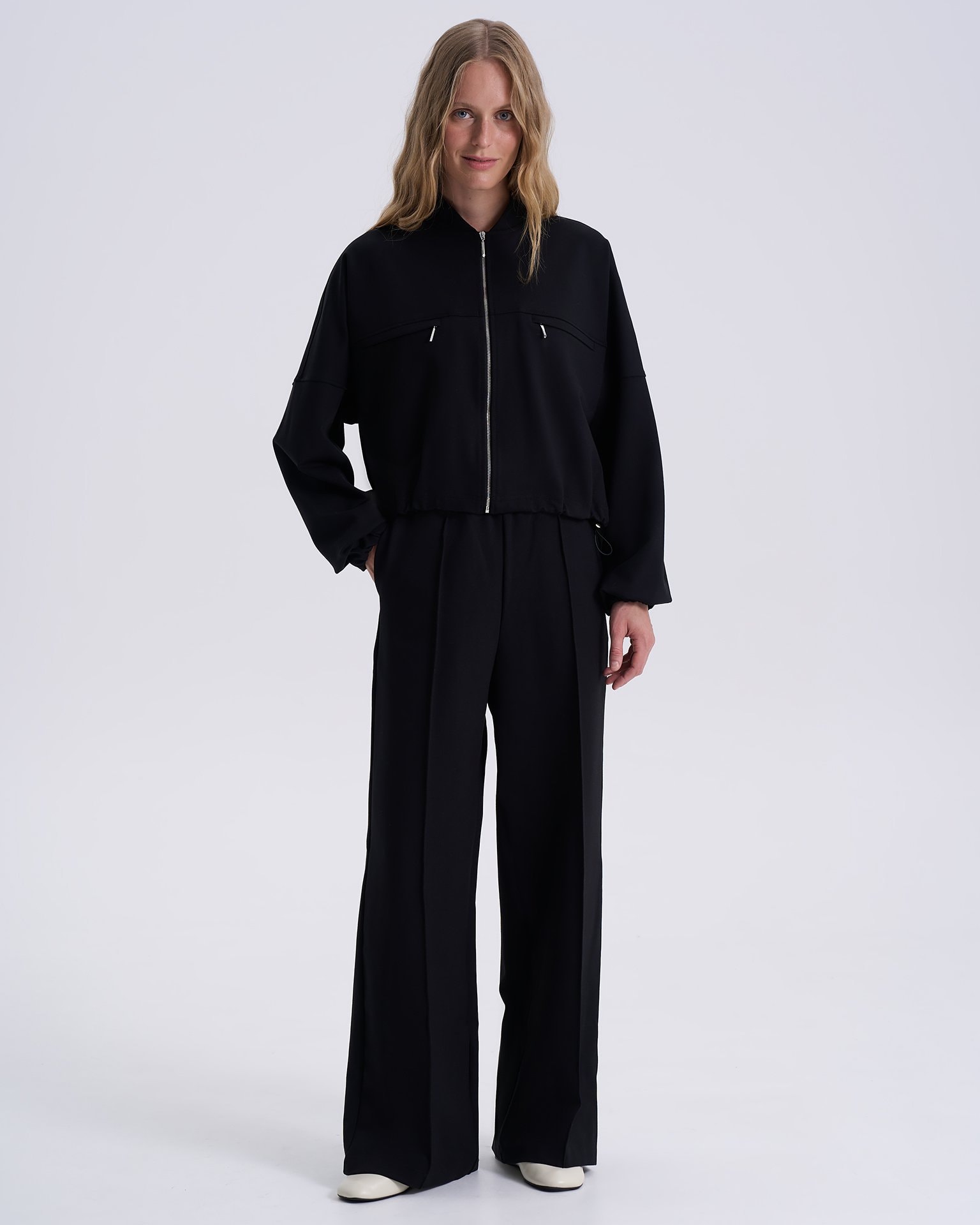 Straight-leg trousers with pressed creases, Black