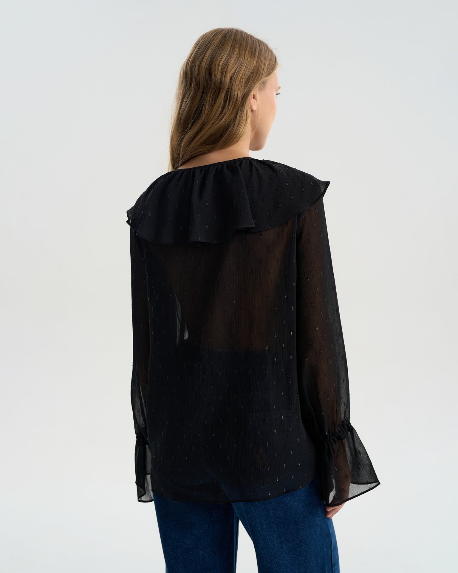 Sheer blouse with a flounce collar, Black — photo 6