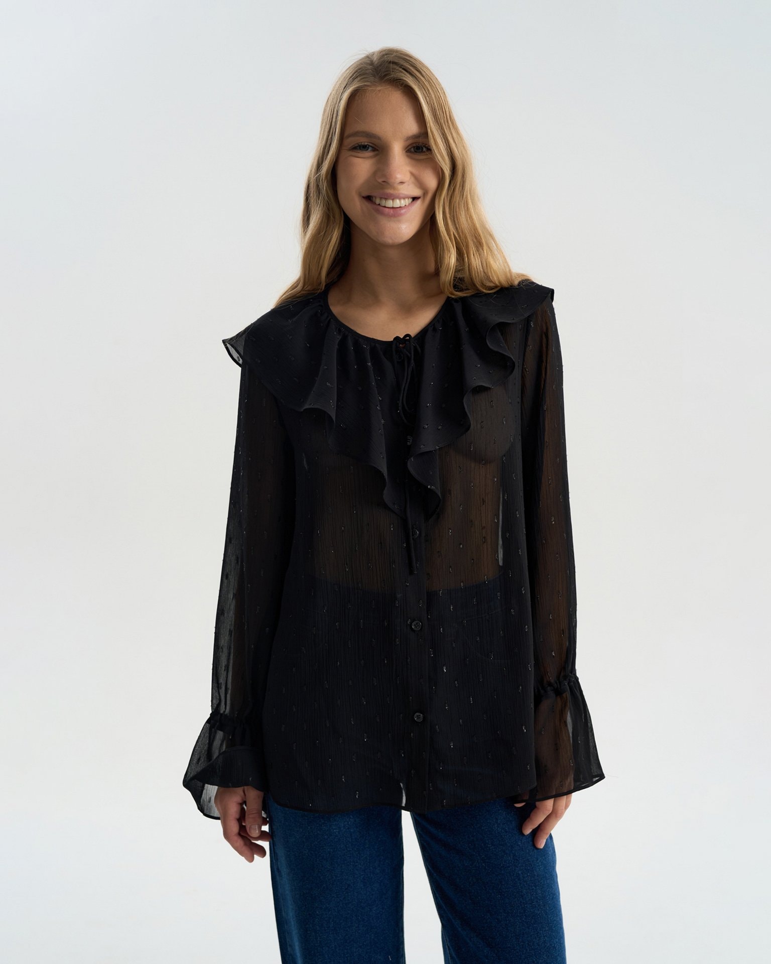 Sheer blouse with a flounce collar, Black — photo 5