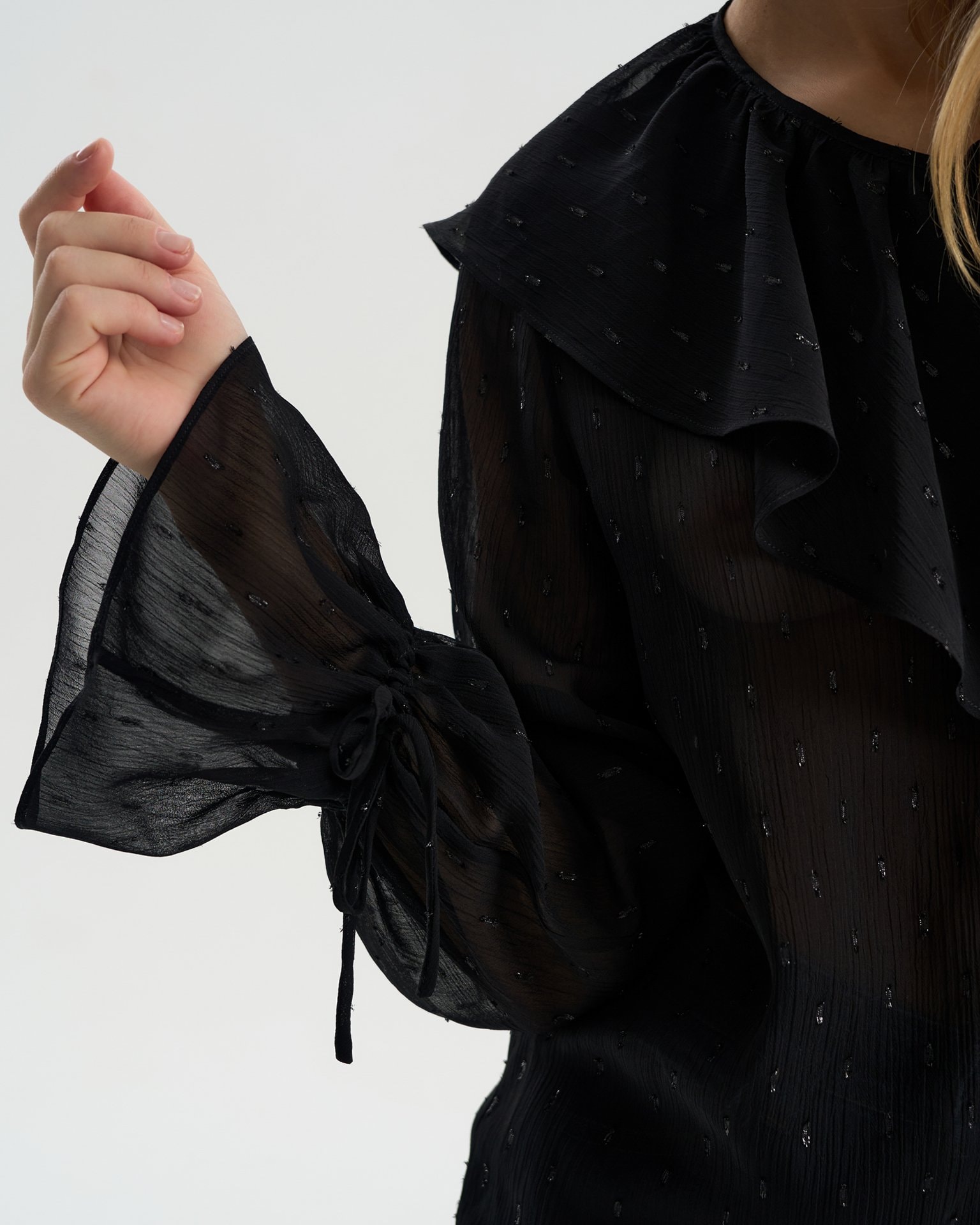 Sheer blouse with a flounce collar, Black — photo 8