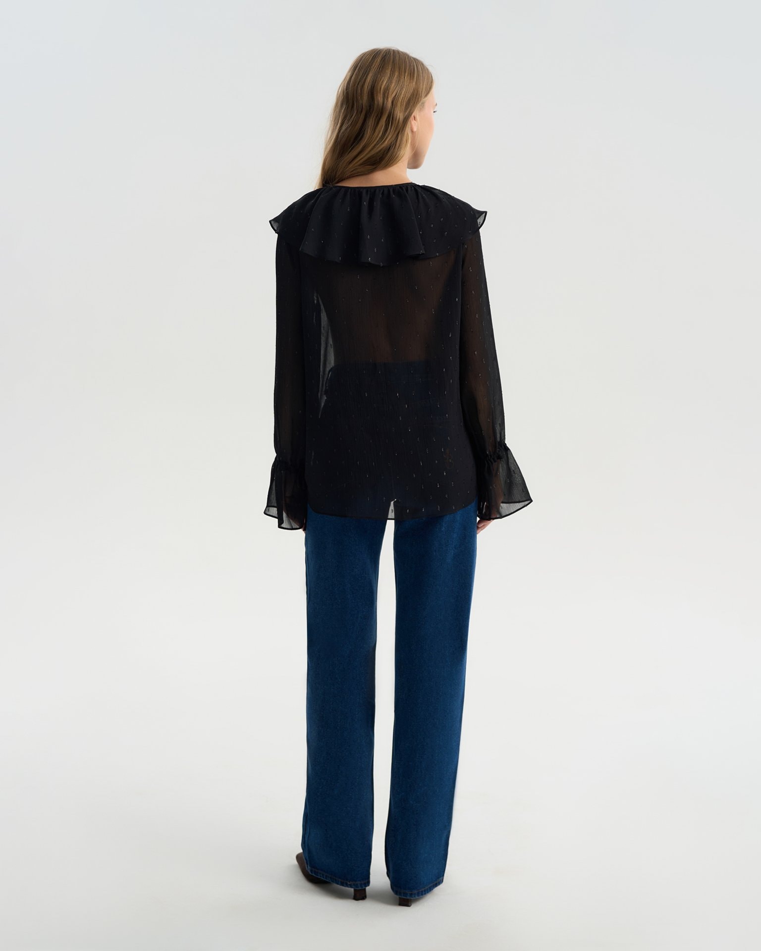 Sheer blouse with a flounce collar, Black — photo 4