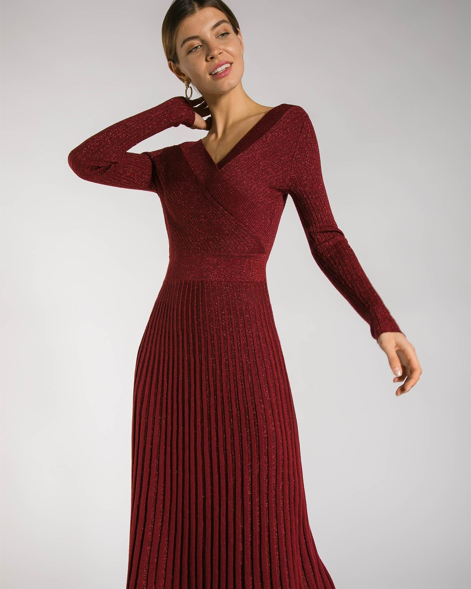 Dress in a Bordeaux shade with a pleated skirt, Burgundy