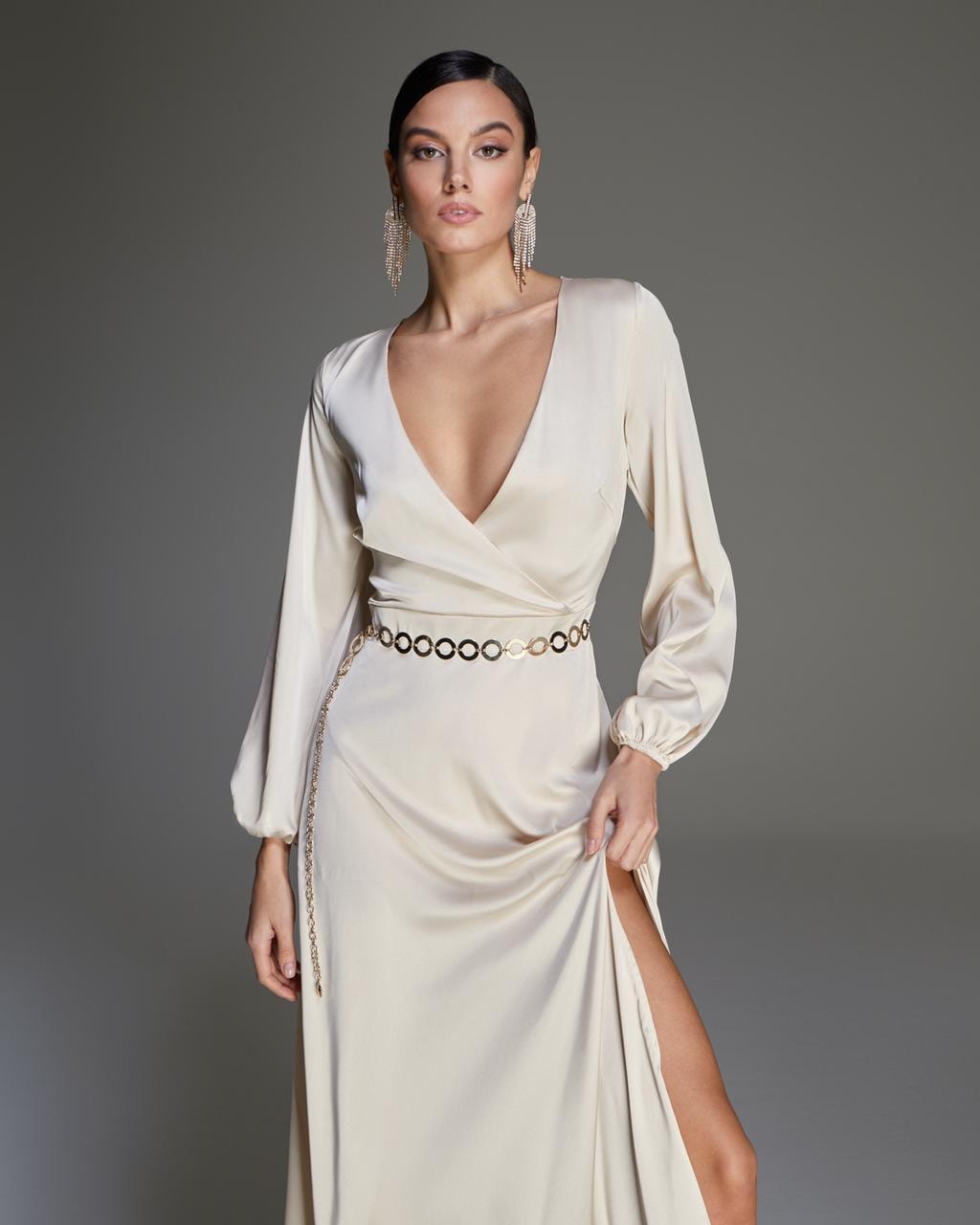 Satin dress in pearl colour, Pearl