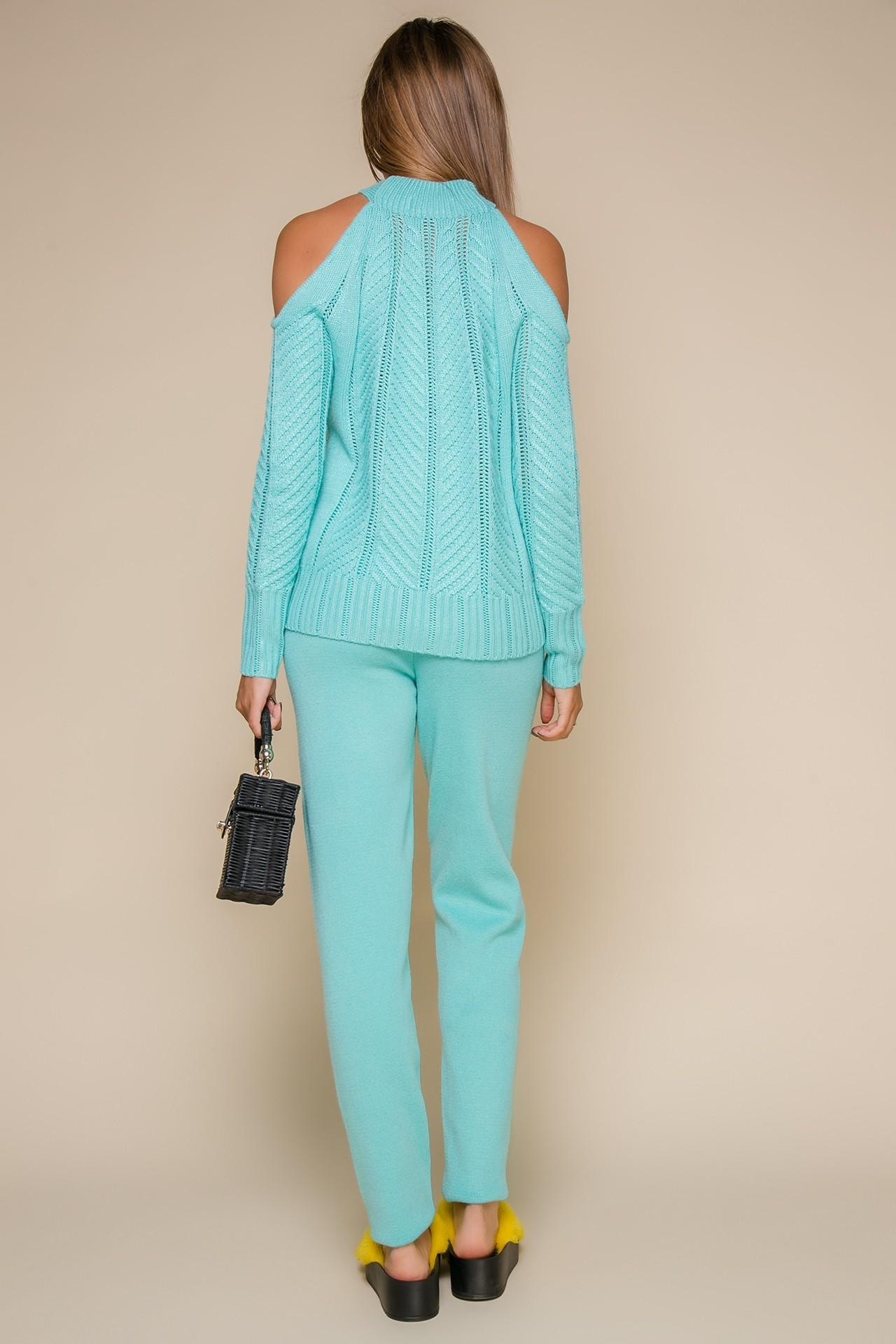 Stylish cashmere set with an original jumper, accented with mink fur pom-poms, Green — photo 5