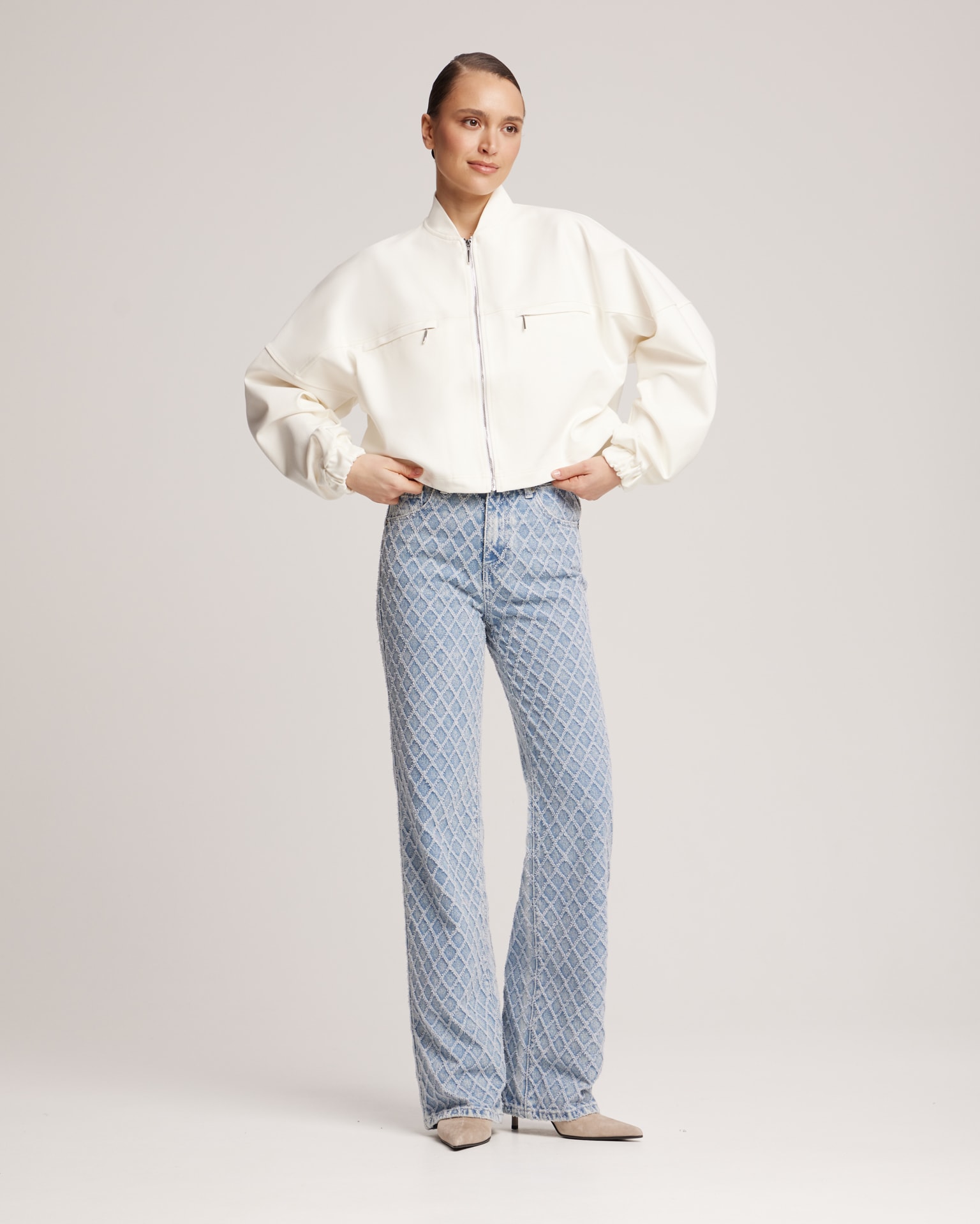 Bomber jacket with adjustable ribbed hem, White