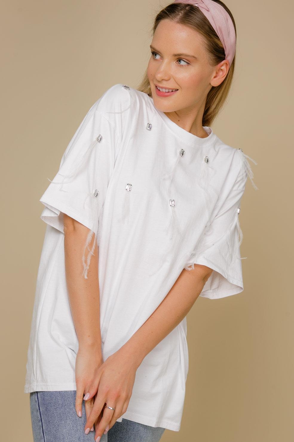 Snow-white t-shirt with feather and stone detail, White — photo 2