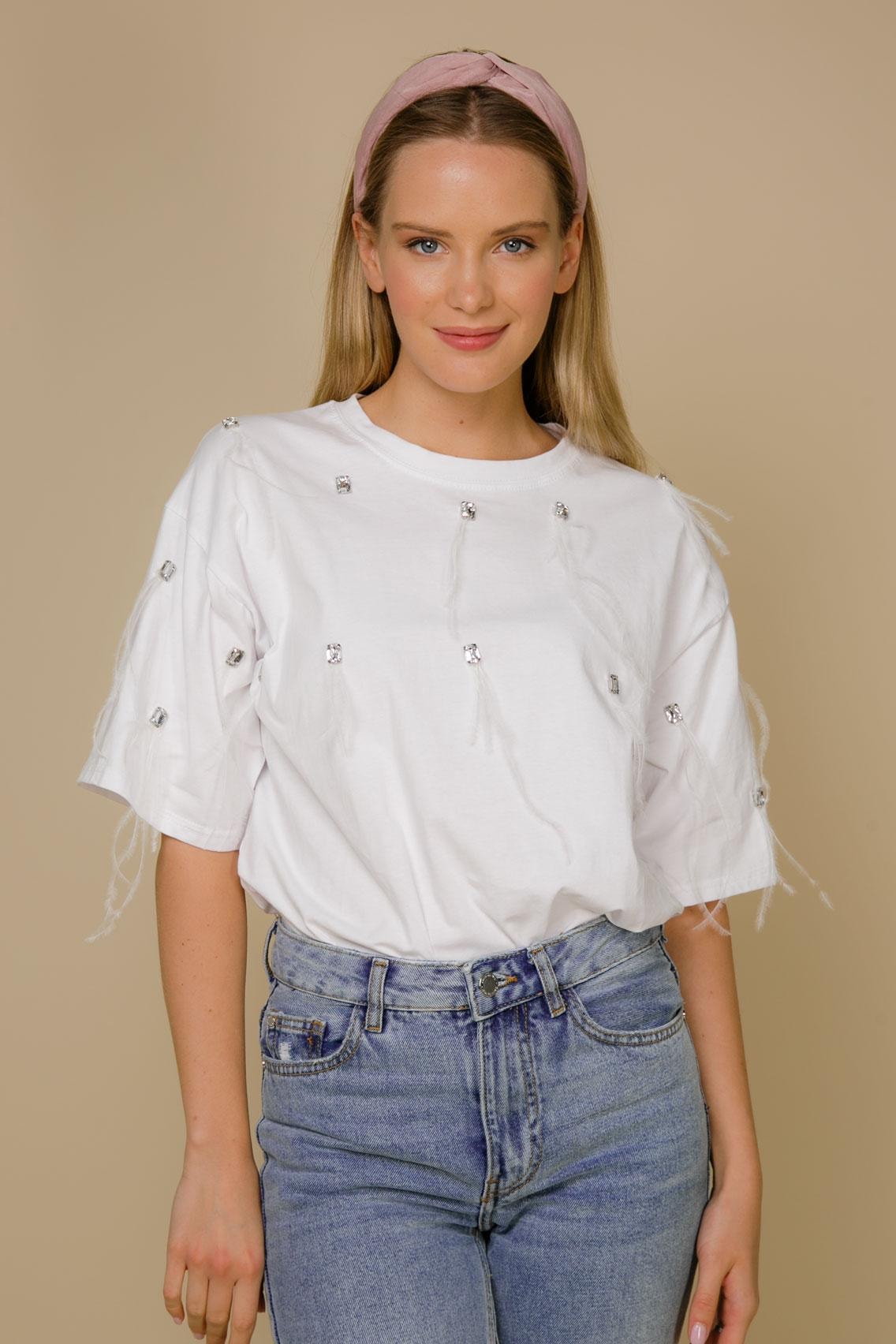 Snow-white t-shirt with feather and stone detail, White — photo 3