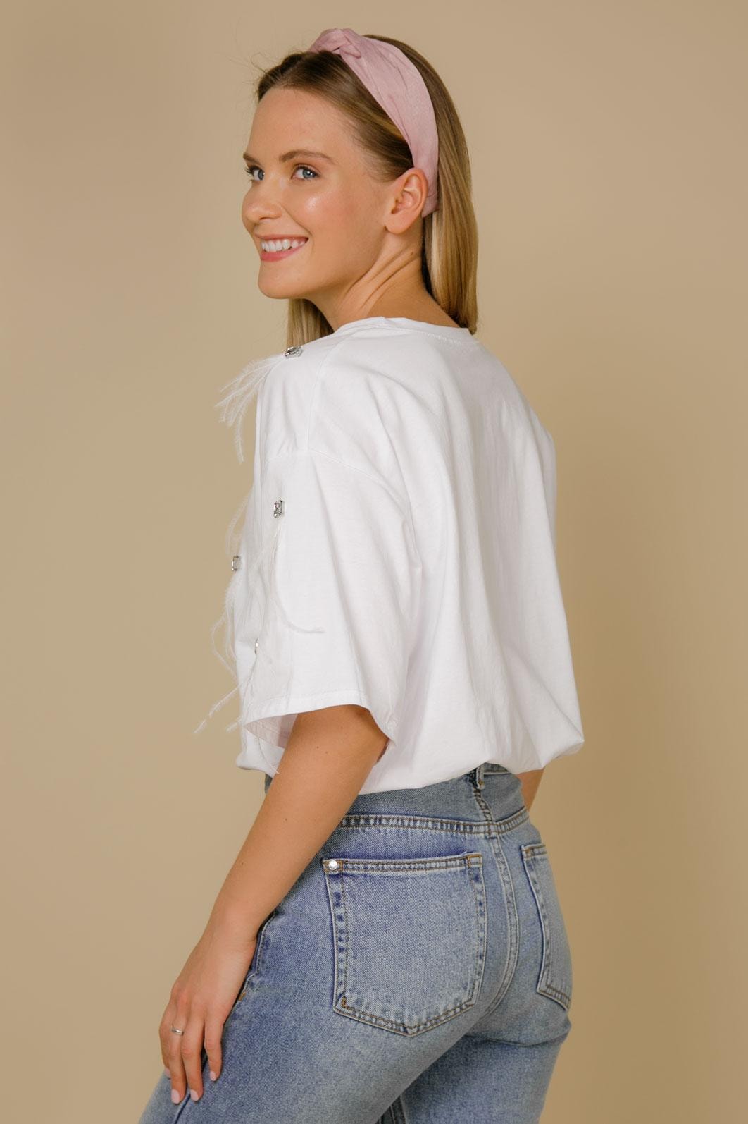Snow-white t-shirt with feather and stone detail, White — photo 4
