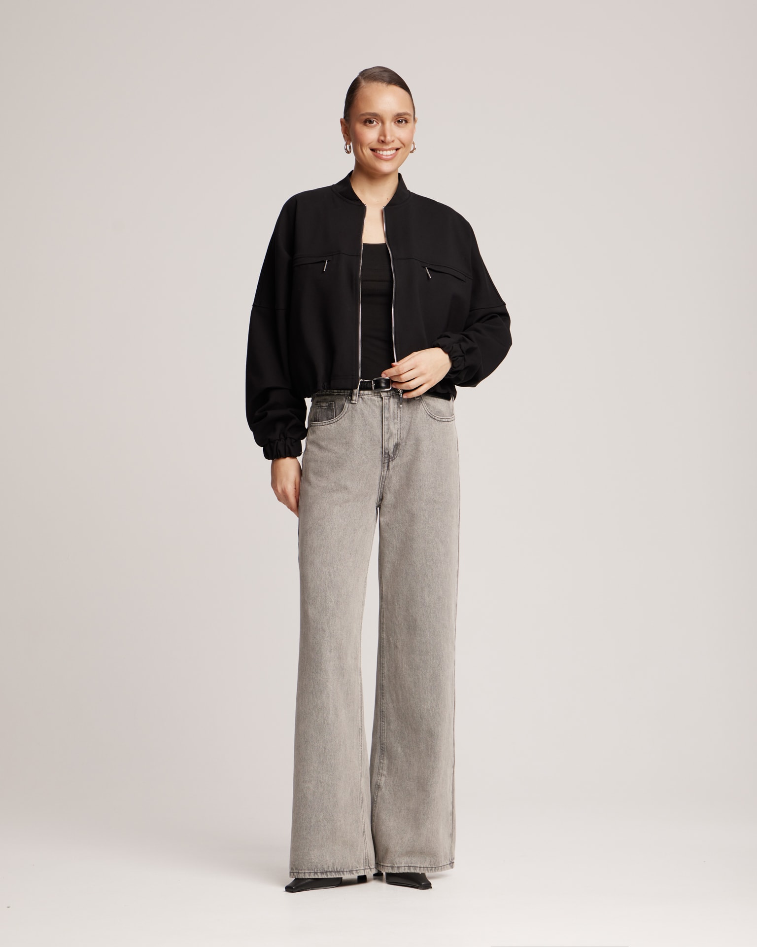 Black bomber jacket with adjustable ribbed hem, Black