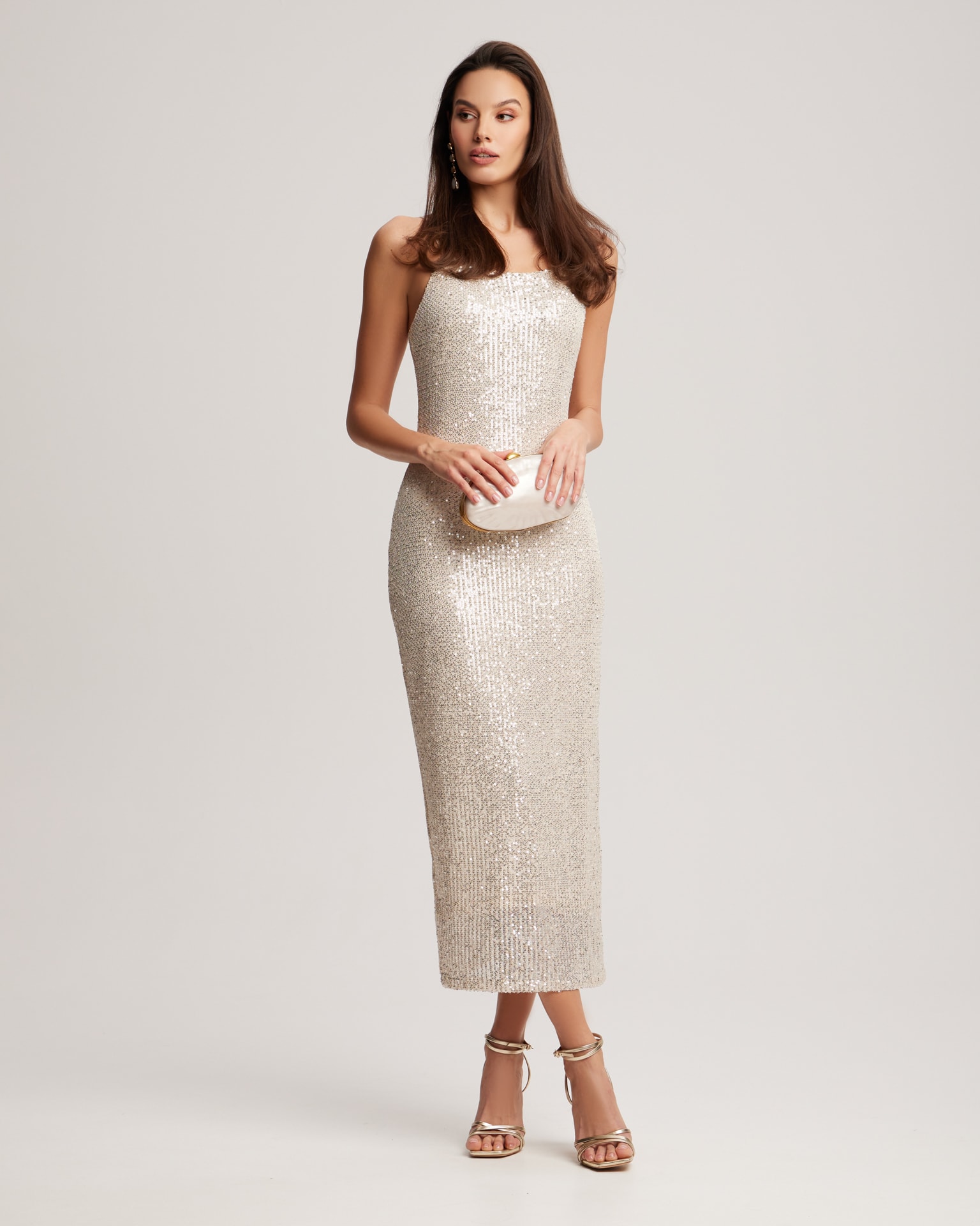 Sequin Midi Dress, Beige