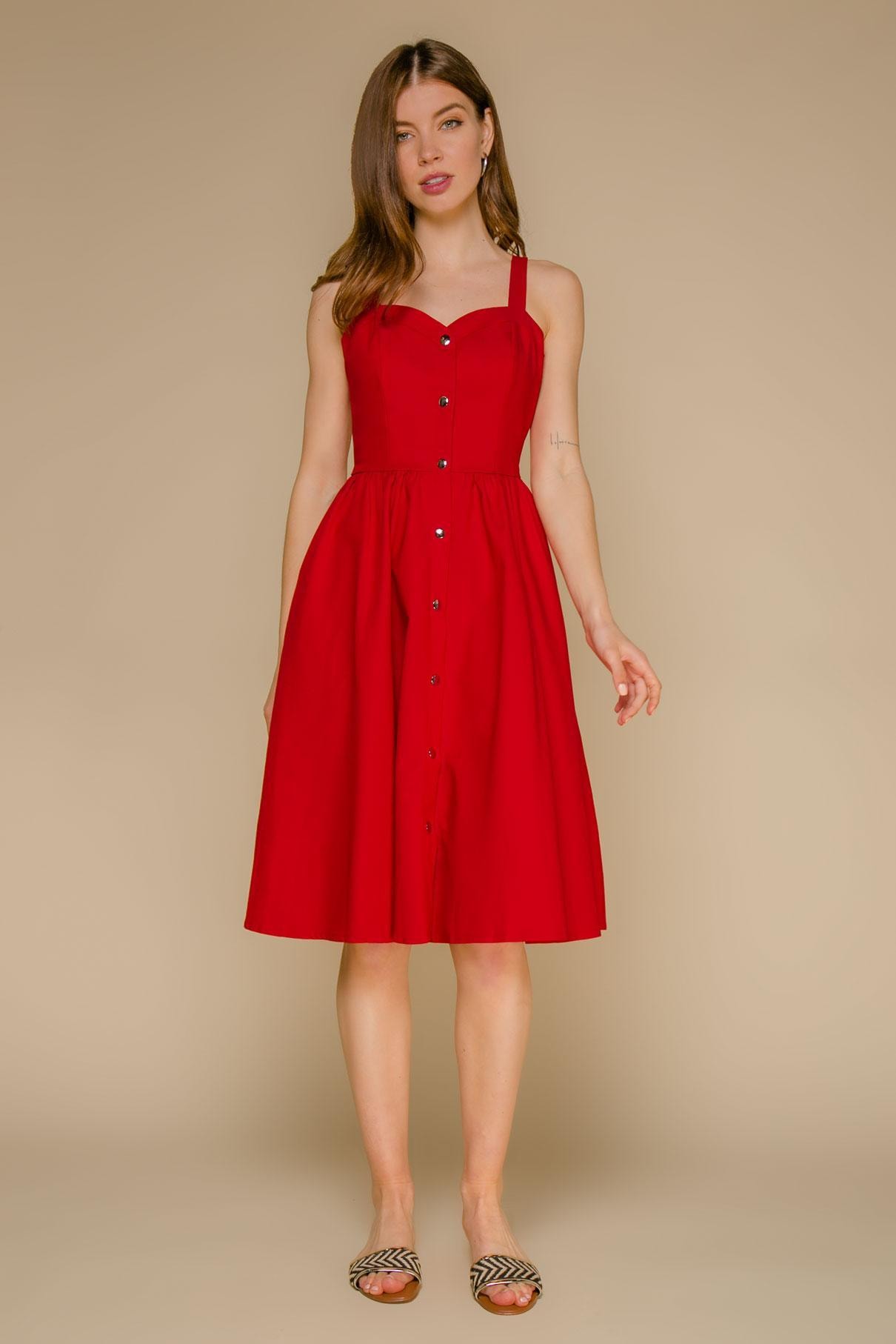 Striking pinafore with a corset-style bodice, Red