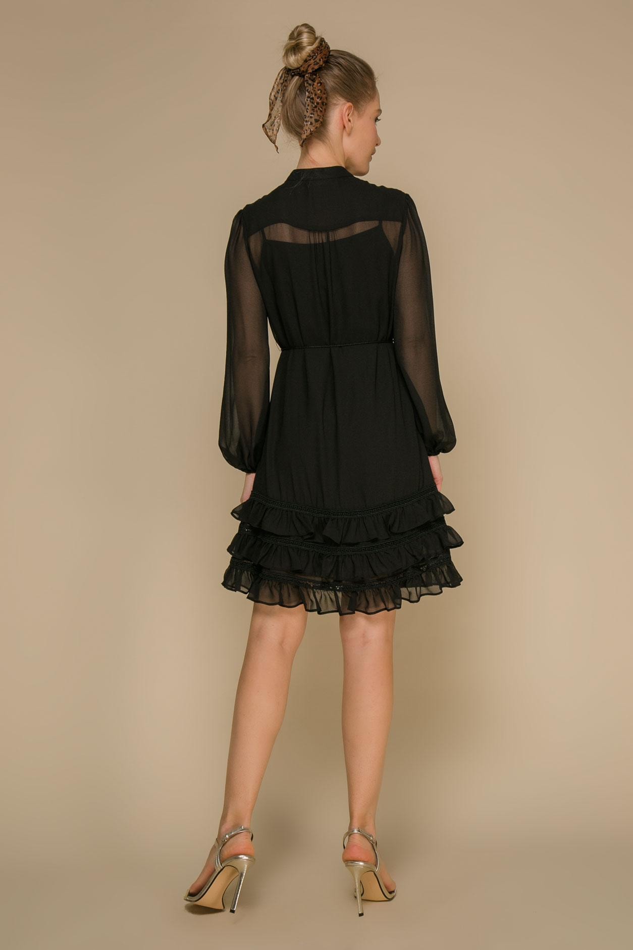 A sleek dress with transparent sleeves and ruffles on the skirt, Black — photo 5