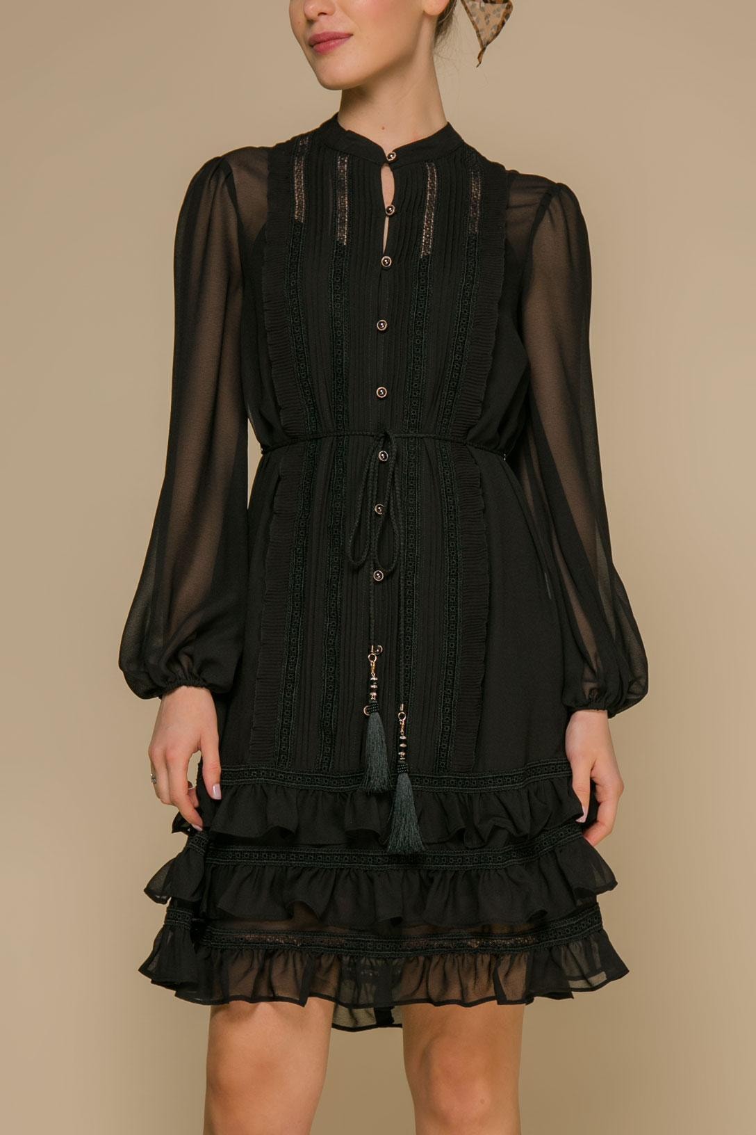 A sleek dress with transparent sleeves and ruffles on the skirt, Black — photo 3