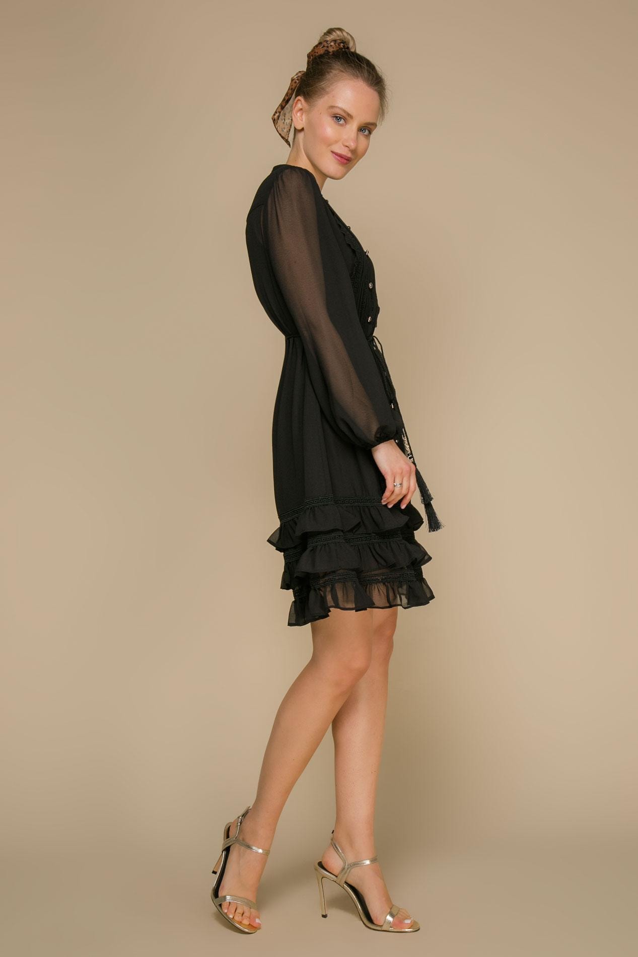 A sleek dress with transparent sleeves and ruffles on the skirt, Black — photo 4