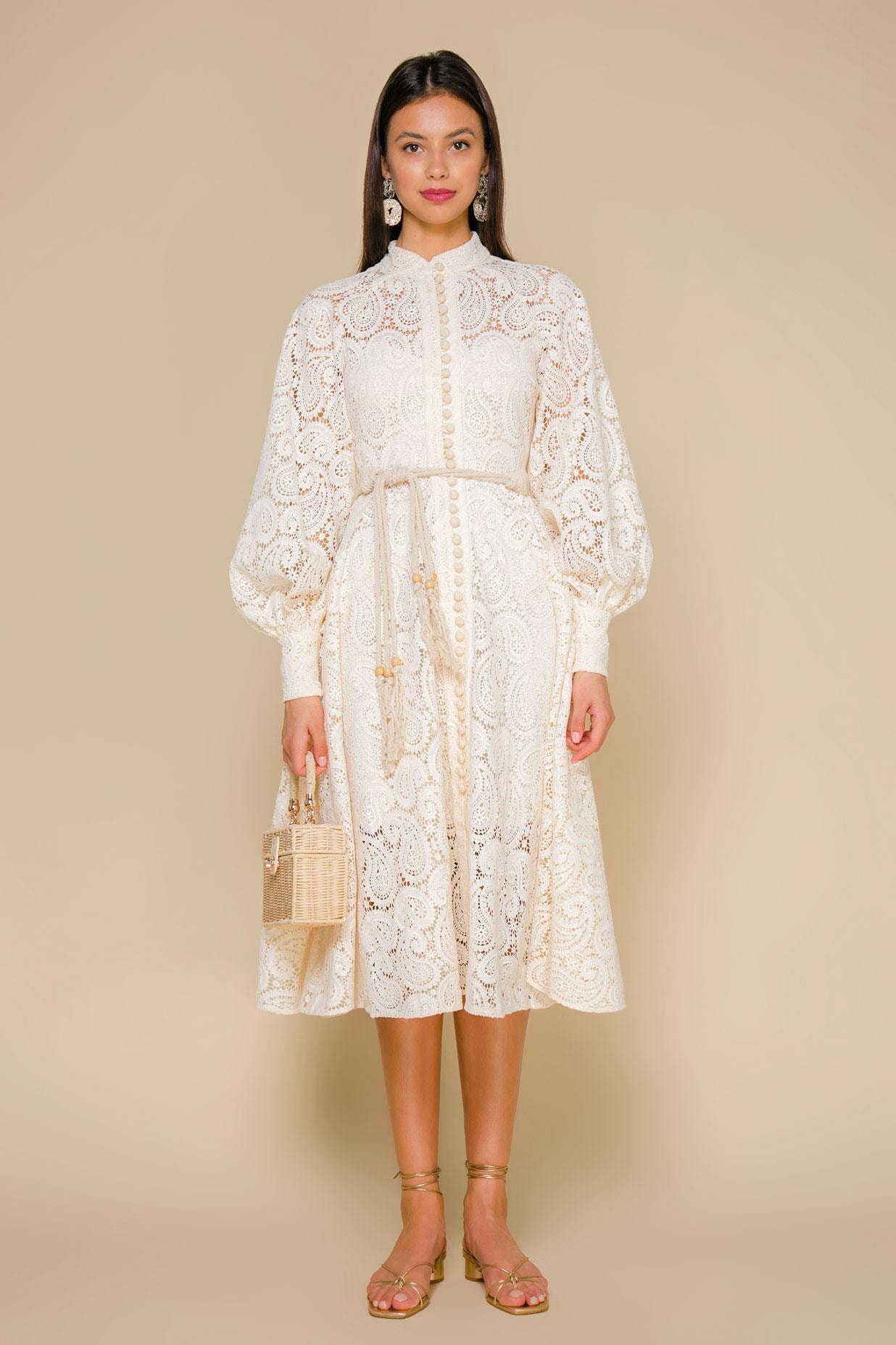 A lightweight dress, adorned with a perforated Paisley pattern, Beige