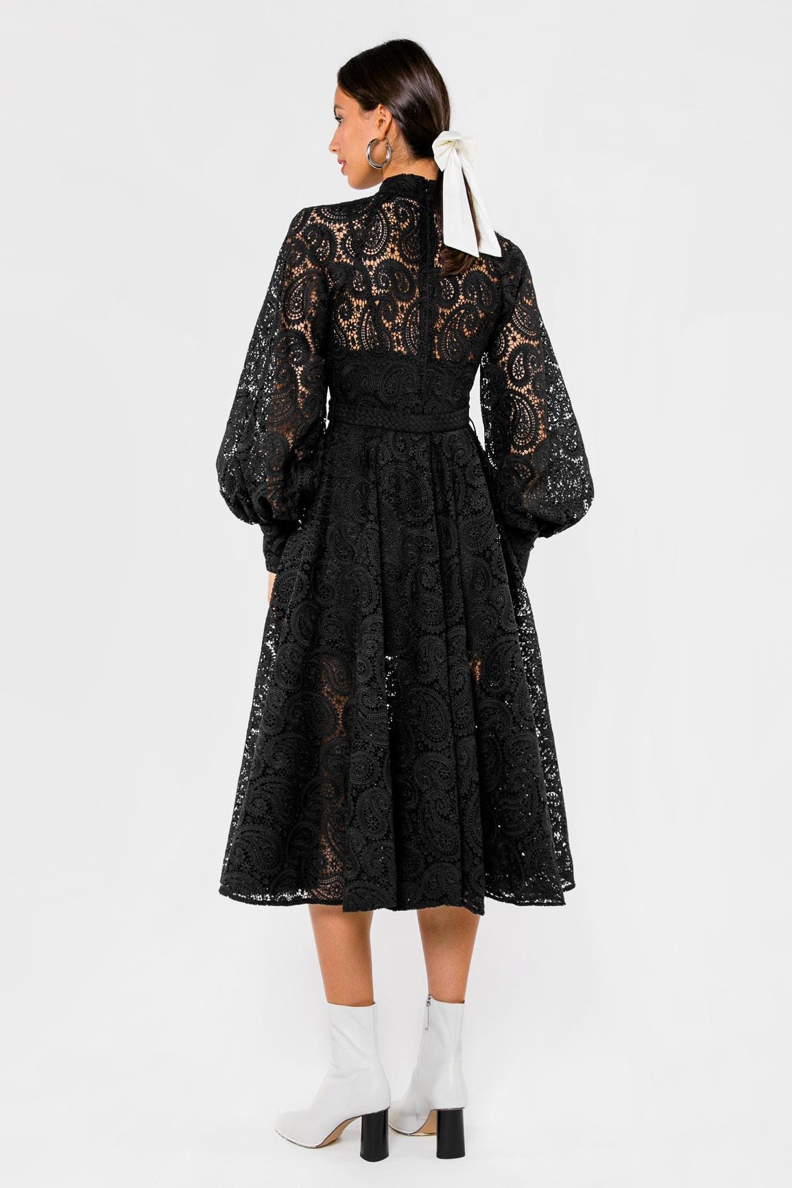 A lace midi dress with a waist accent and a full skirt, Black — photo 5