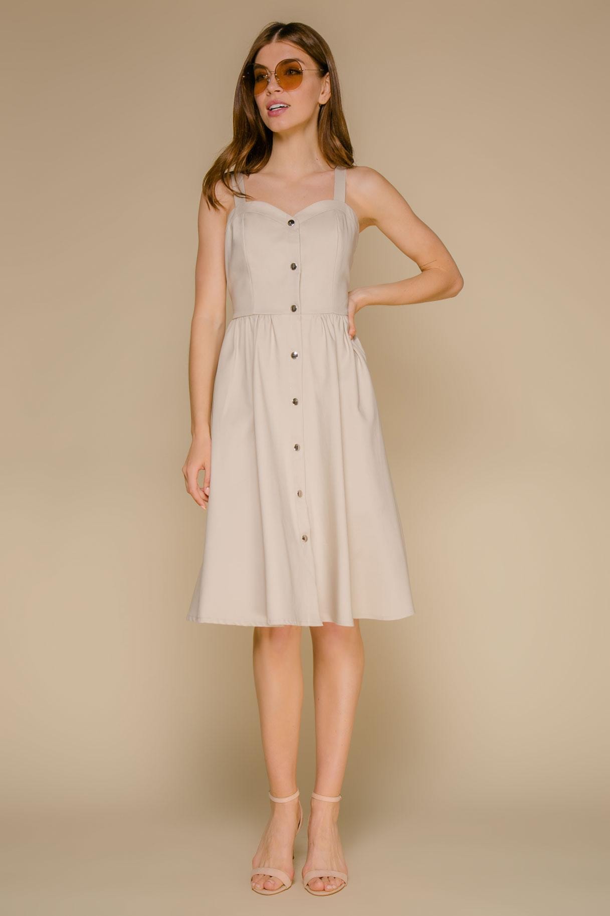 Elegant pinafore with a corset-style bodice and full skirt, Beige — photo 2