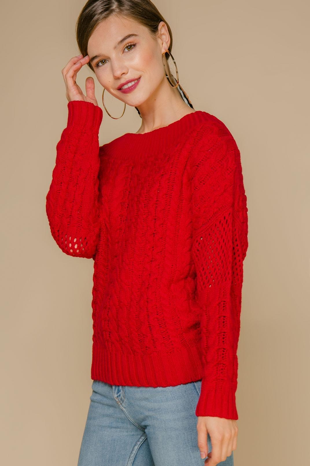 Bright jumper in soft cotton, dropped off one shoulder, Red — photo 3