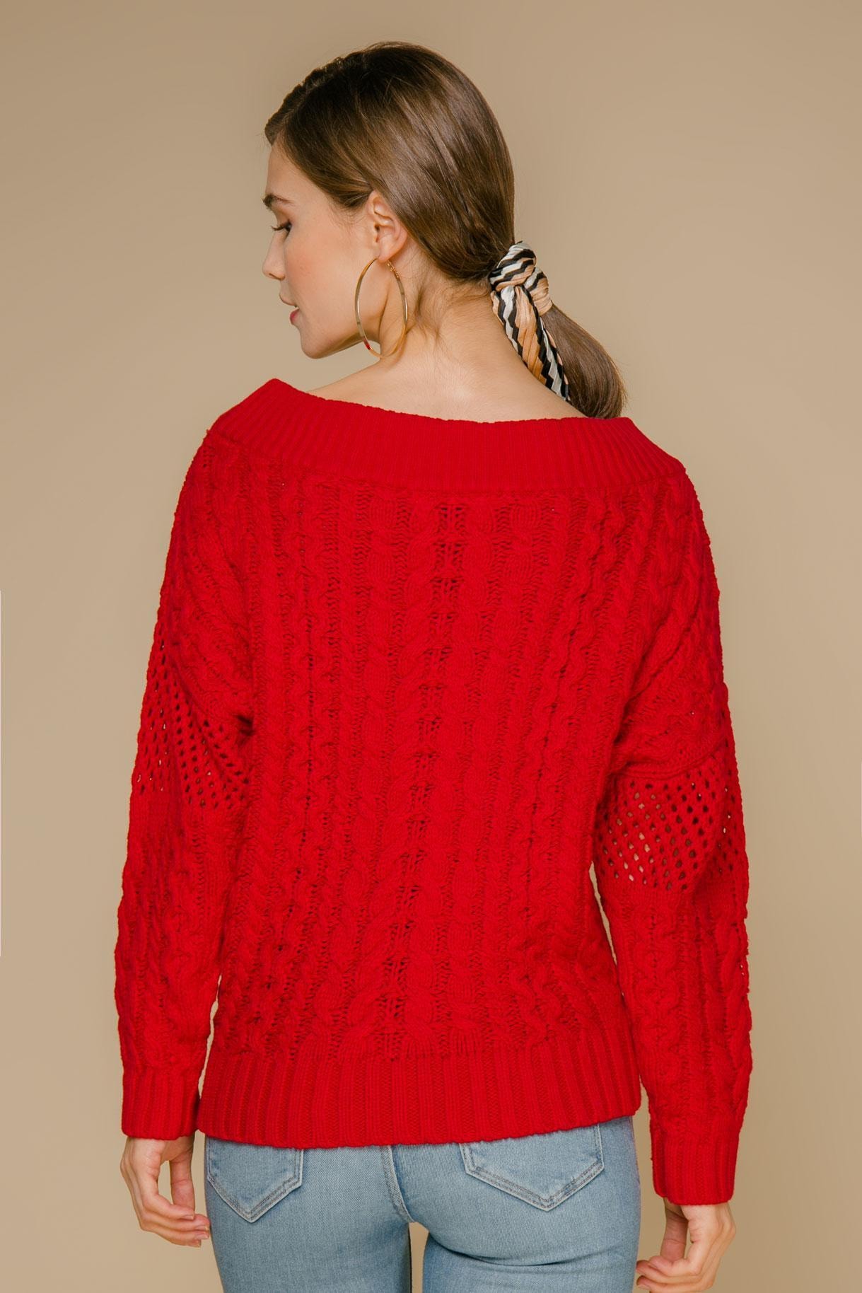 Bright jumper in soft cotton, dropped off one shoulder, Red — photo 4