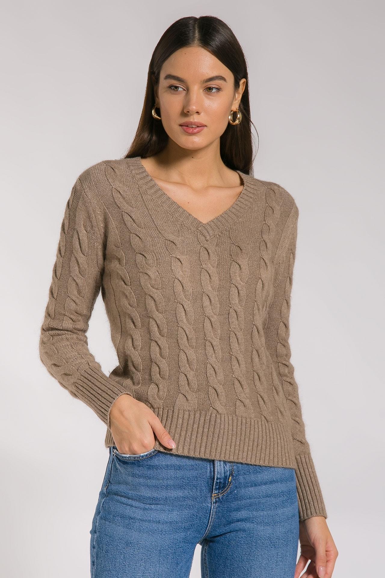 Fitted knit jumper with cable patterns, Brown — photo 2