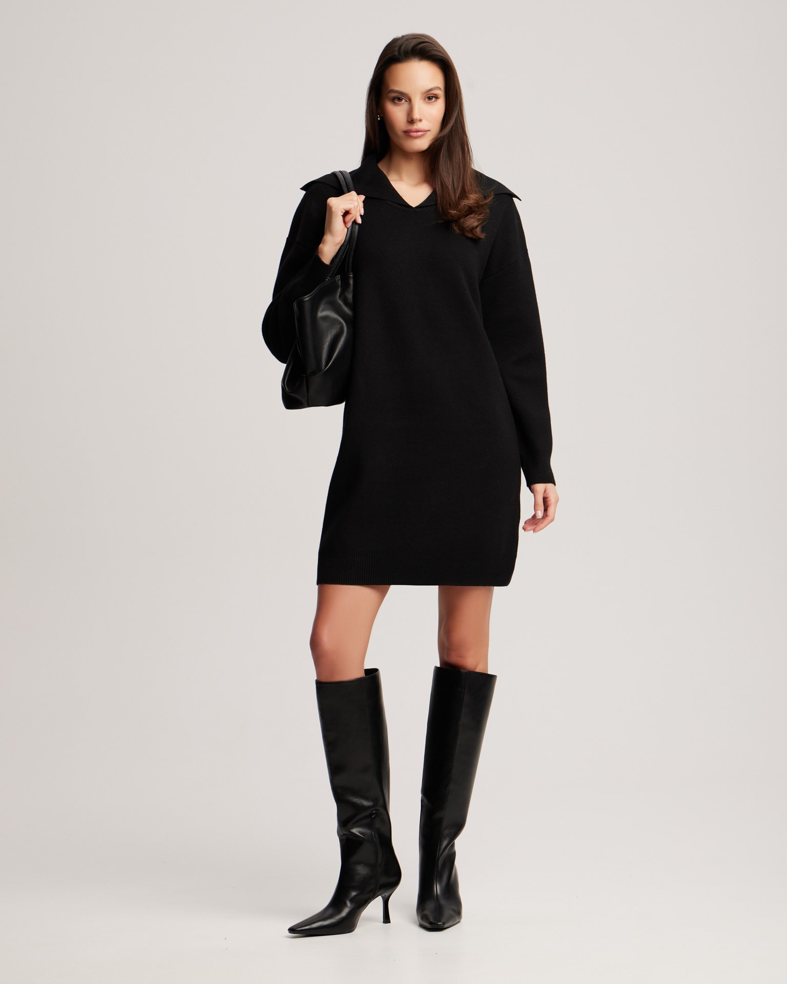 Dress with a wide collar, Black — photo 3