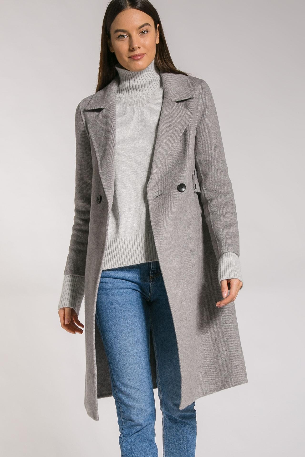 Basic coat in soft wool with wide lapels, Grey