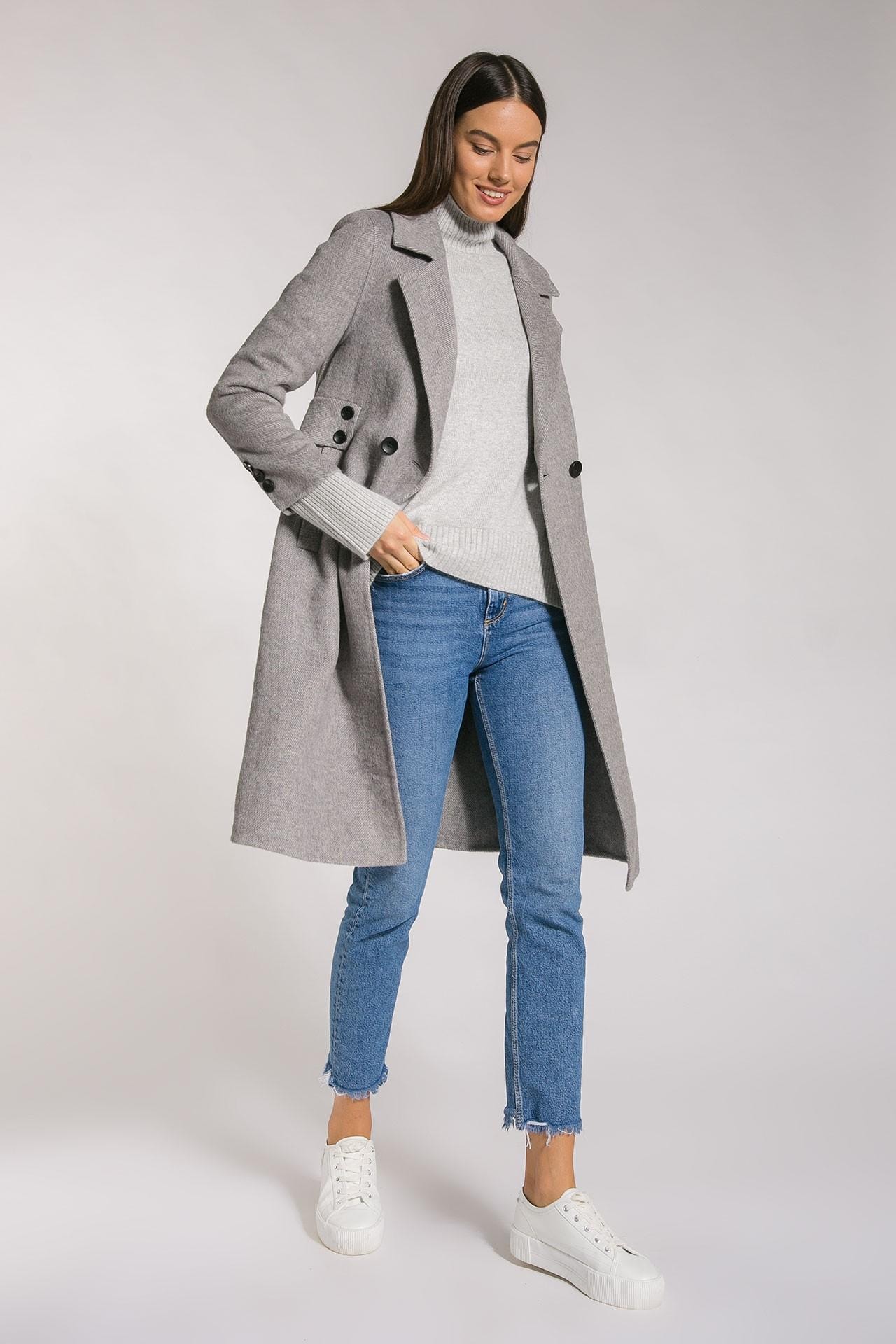 Basic coat in soft wool with wide lapels, Grey — photo 3