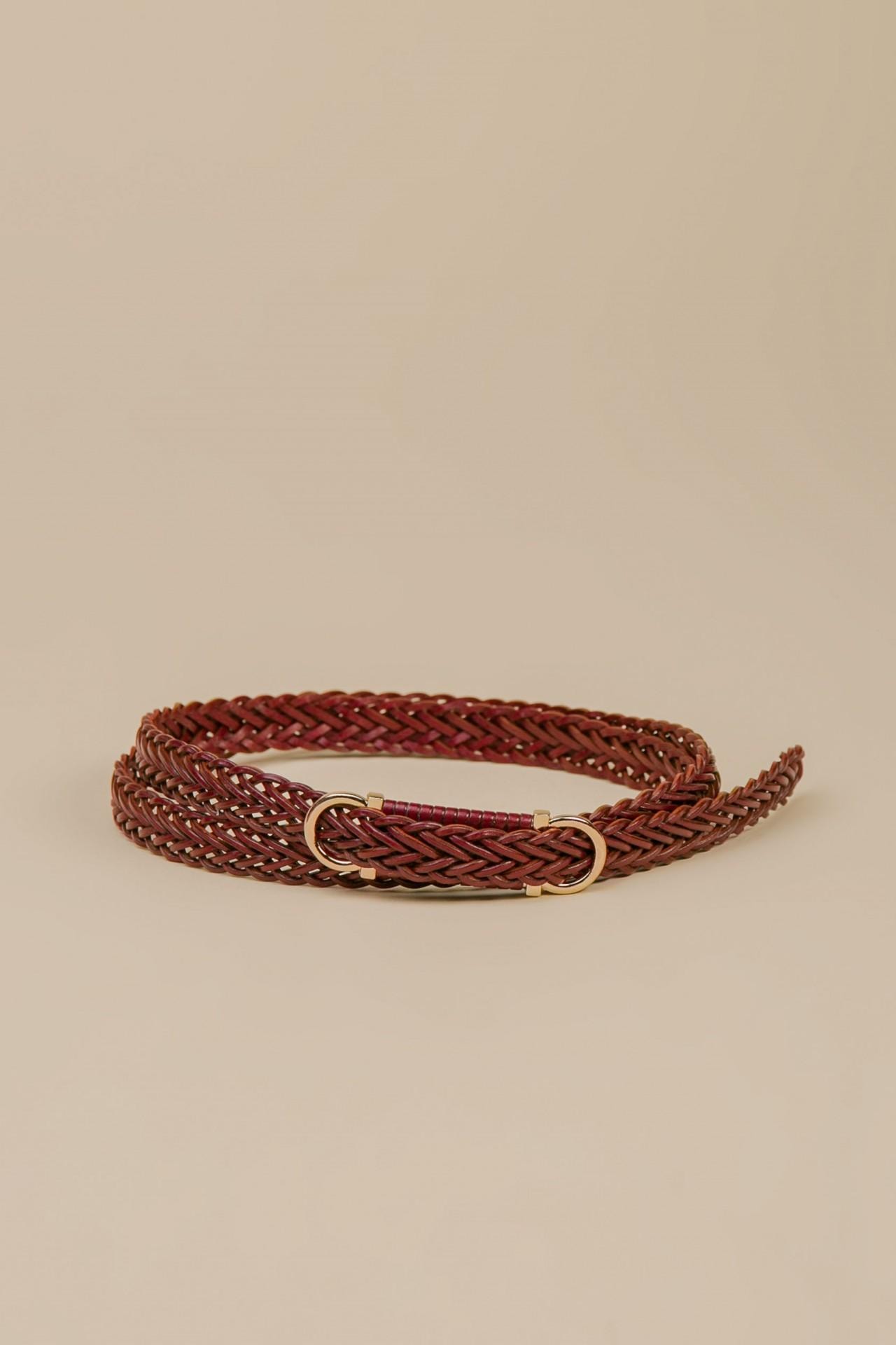 Thin woven belt made from soft burgundy leather, Brown