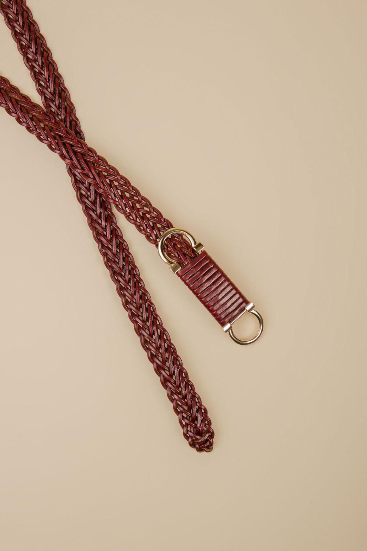 Thin woven belt made from soft burgundy leather, Brown — photo 2