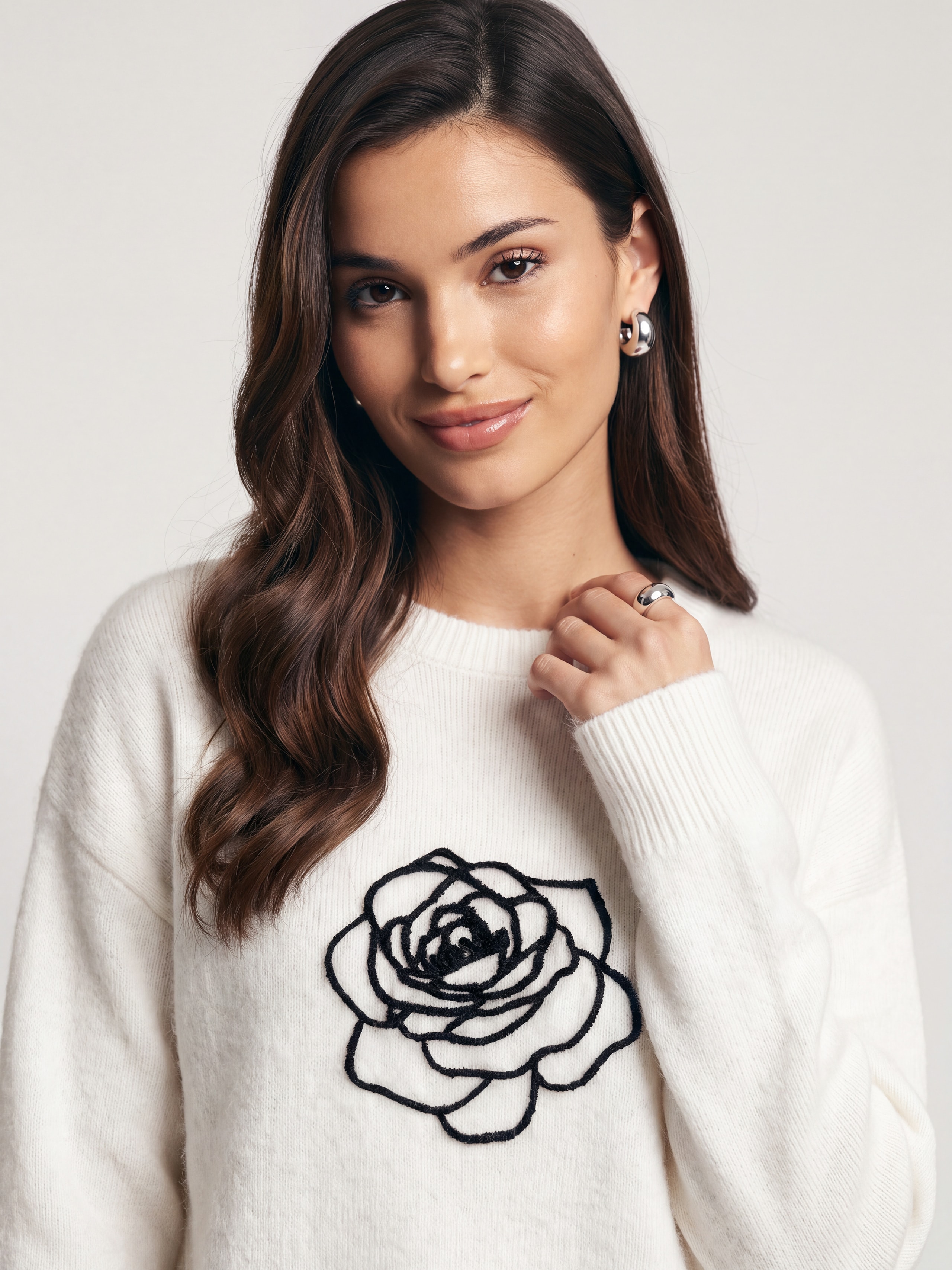 Jumper with velvet rose applique, White — photo 3