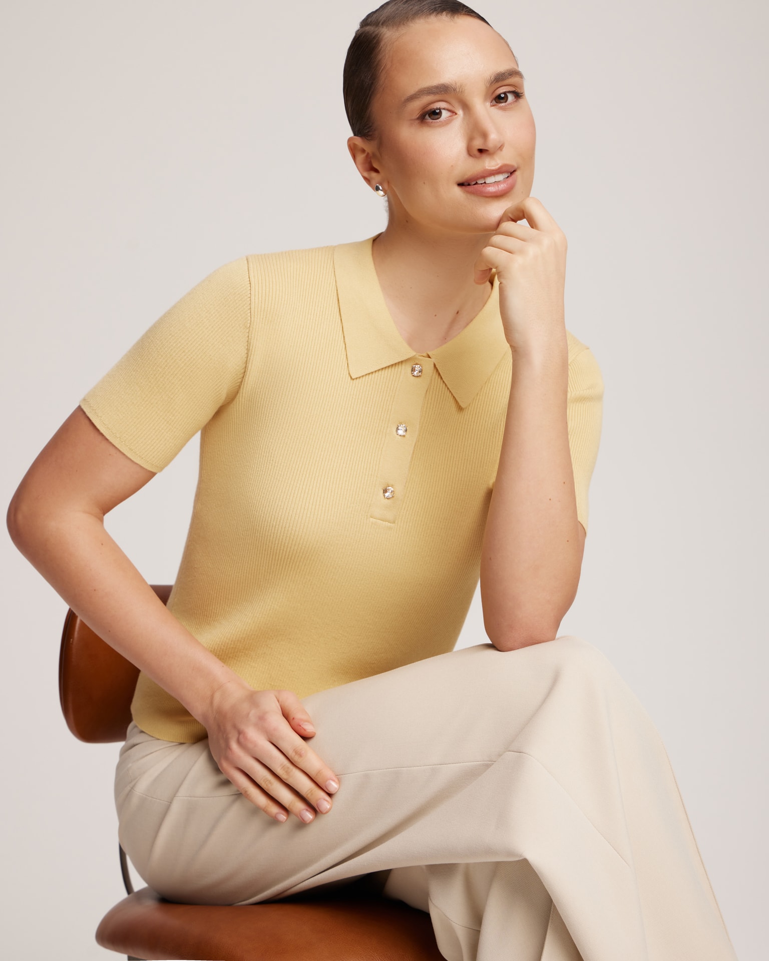 Polo shirt with rhinestone buttons, Yellow