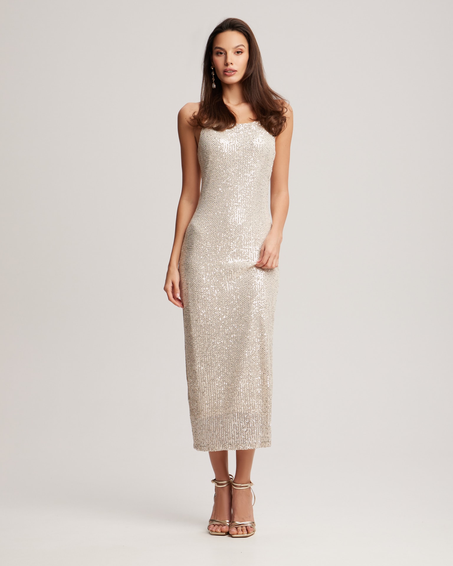 Sequin Midi Dress, Beige — photo 2