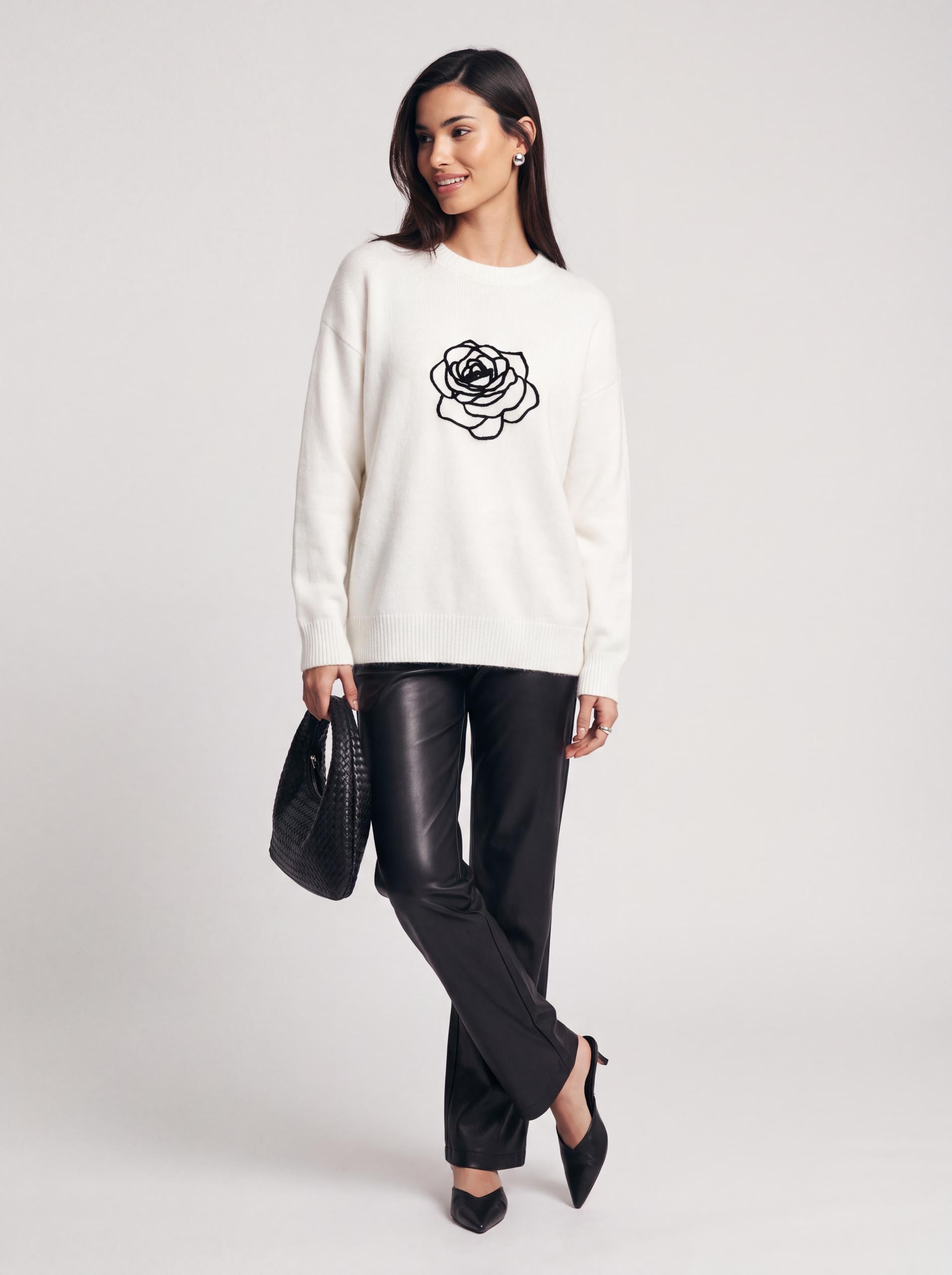 Jumper with velvet rose applique, White