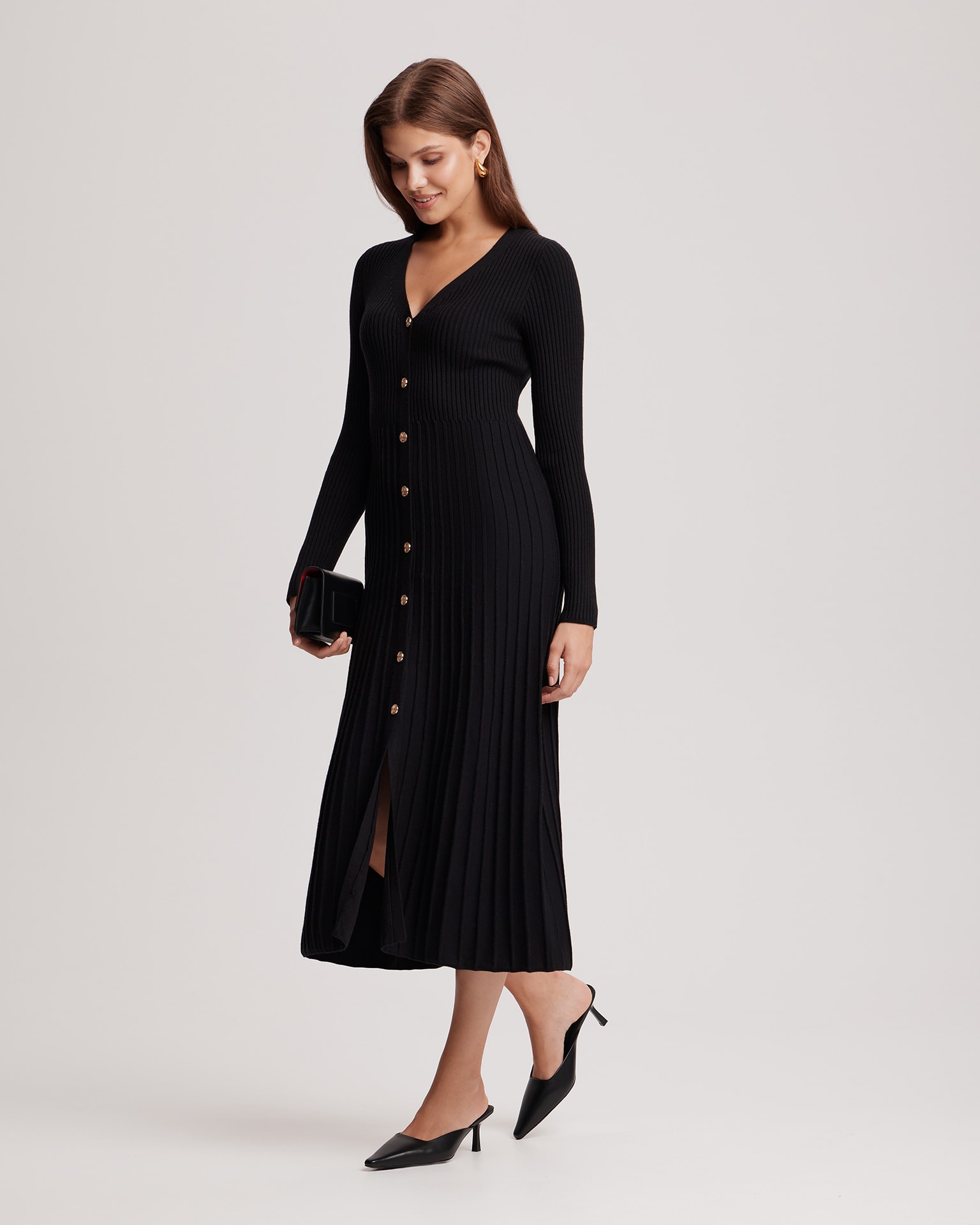 Dress with V-neck, Black