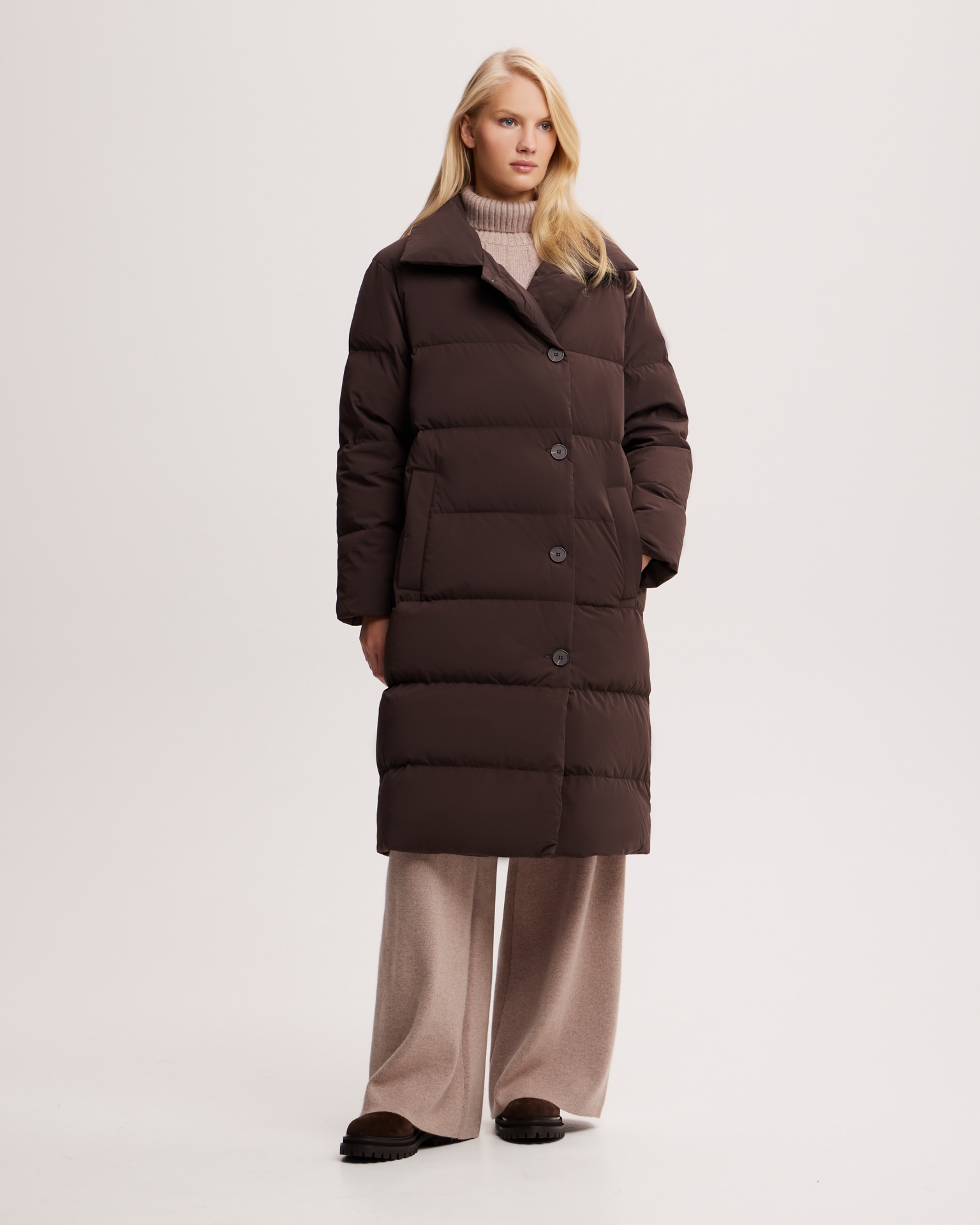 Chocolate brown belted puffer coat