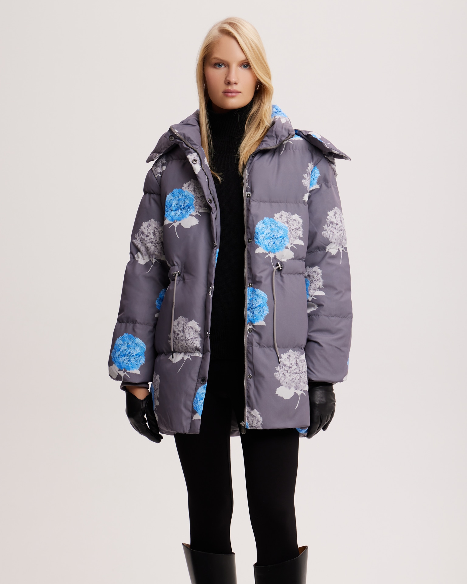 Longline down jacket with limited edition Hydrangea print