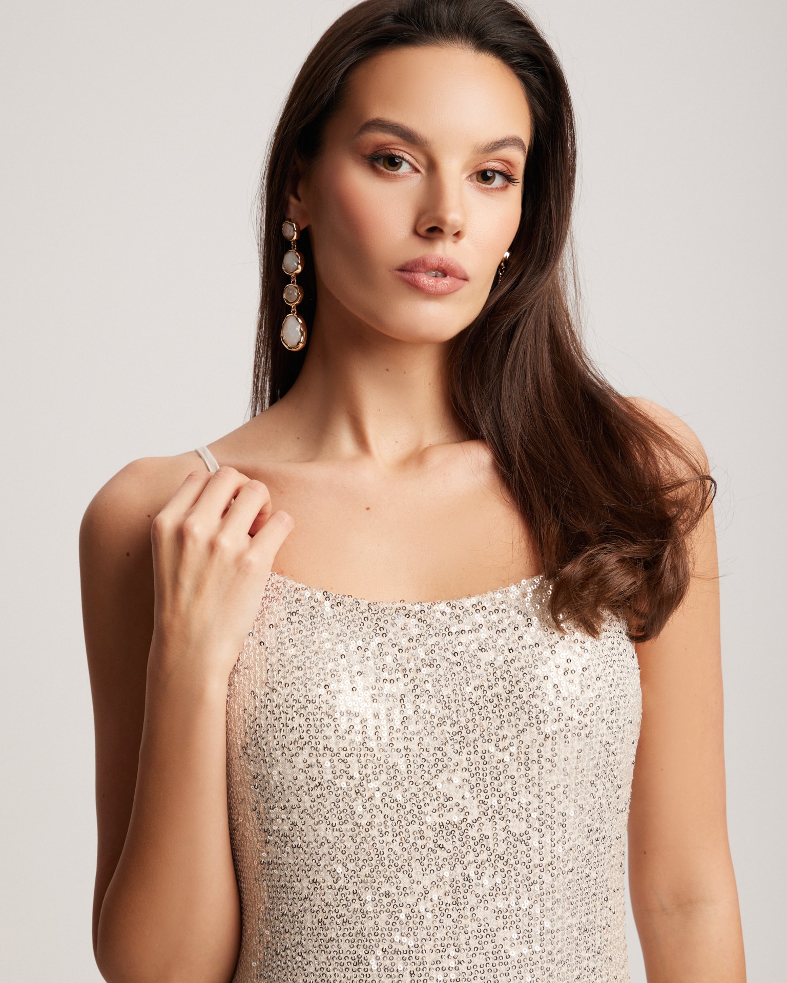 Sequin Midi Dress, Beige — photo 4