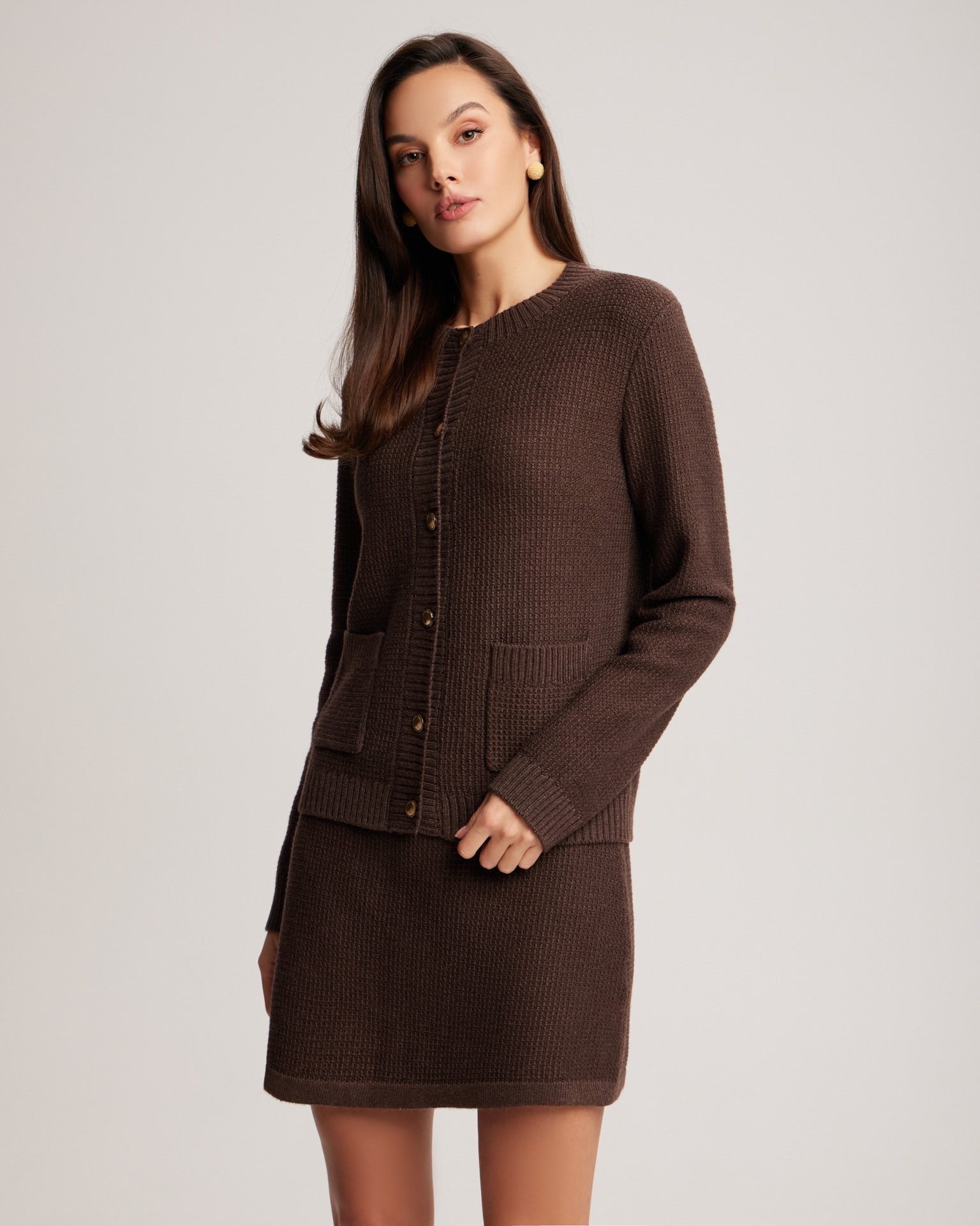 Textured knit cardigan, Brown.