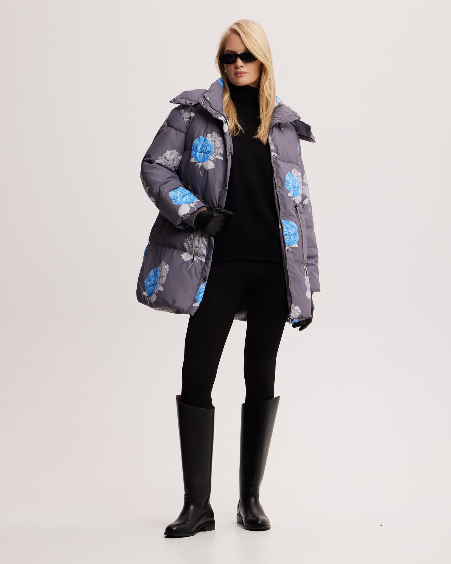 Longline down jacket with limited edition Hydrangea print
