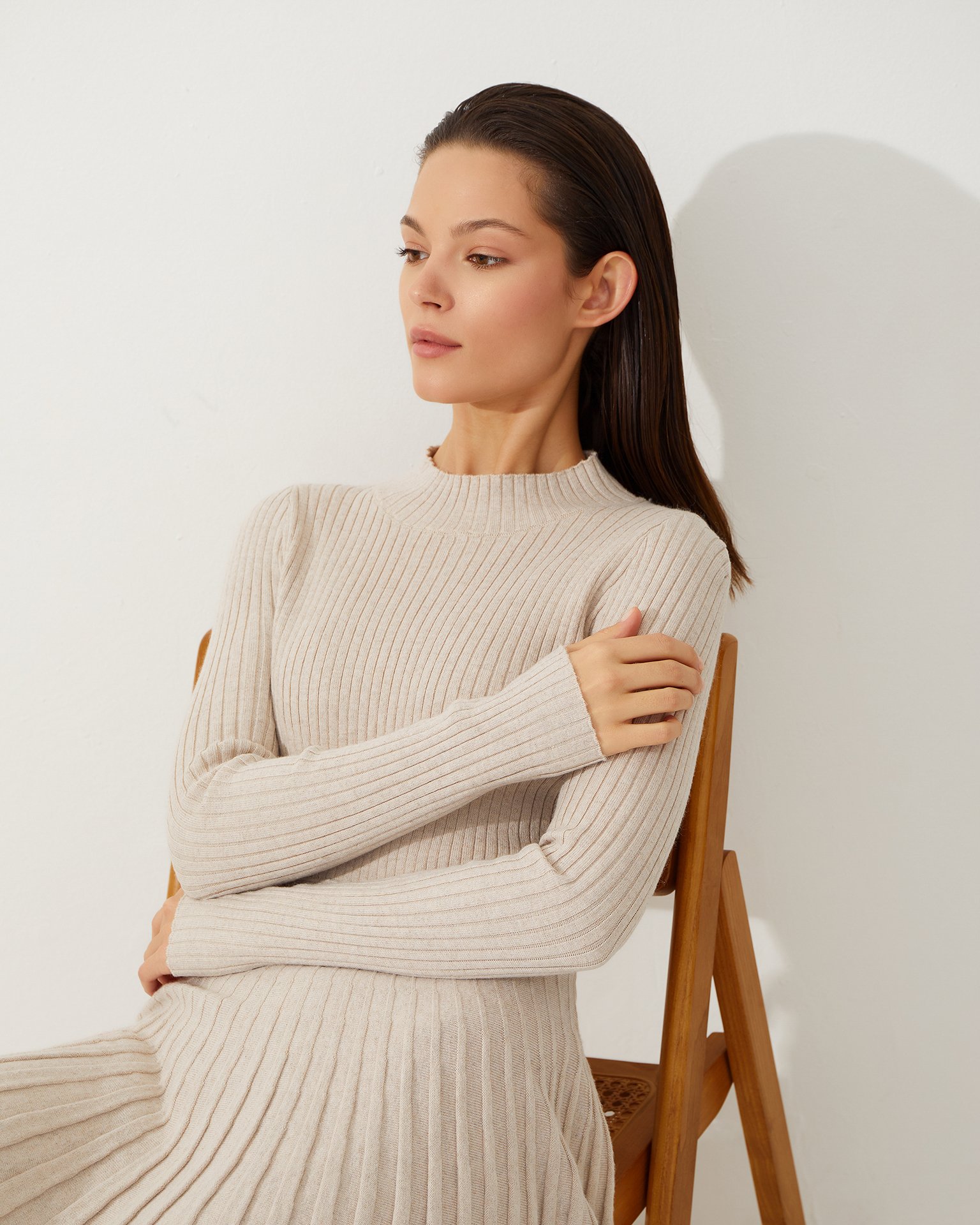 Ribbed Knit Turtleneck Sweater Dress - Cream
